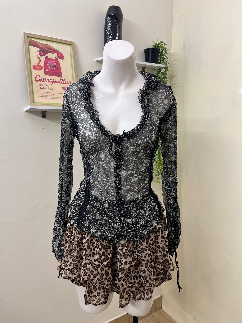 Sheer mesh floral blouse