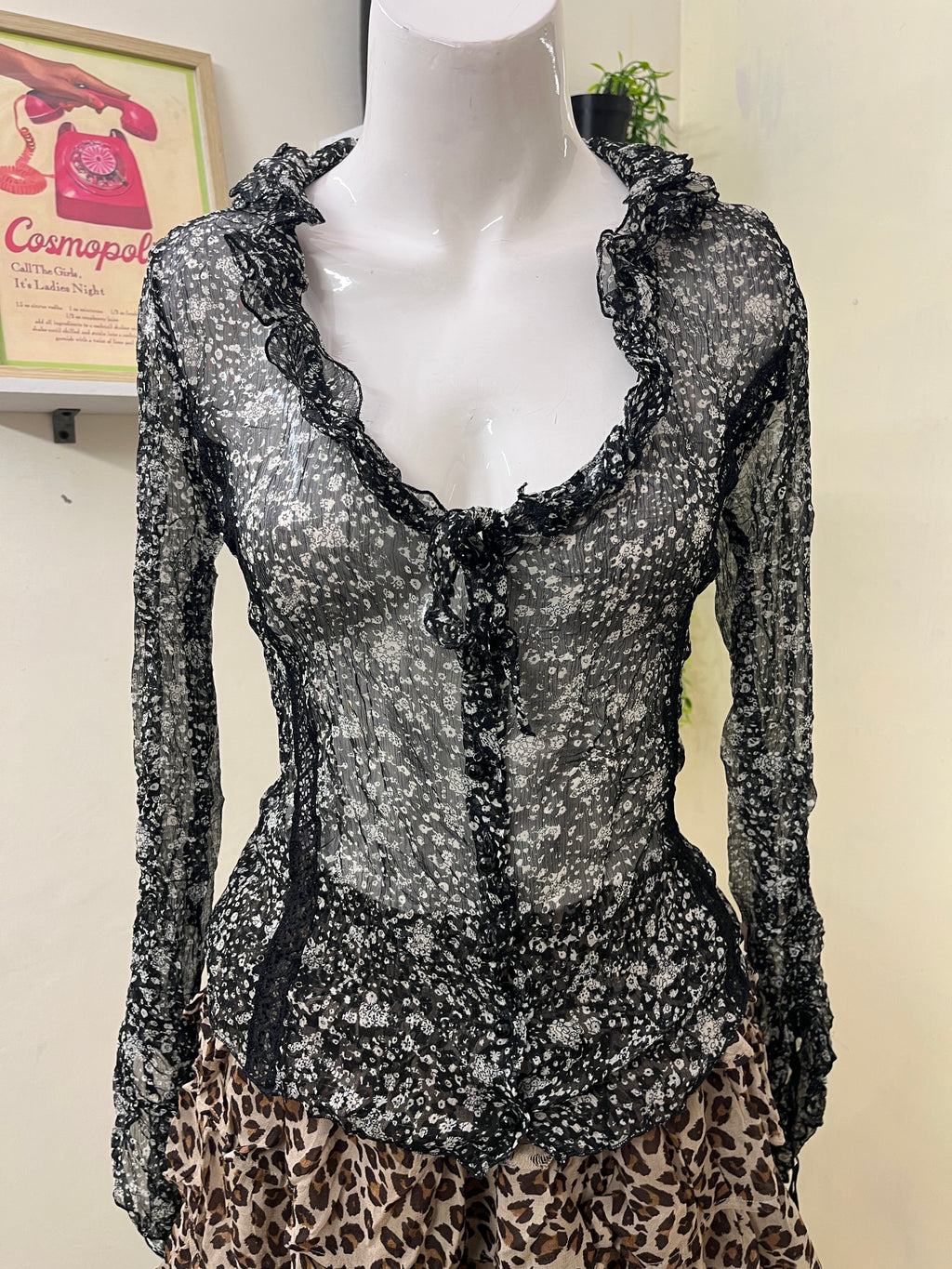 Sheer mesh floral blouse