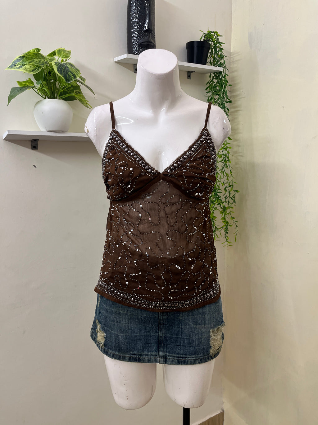 Y2K Embellished Mesh Cami Top