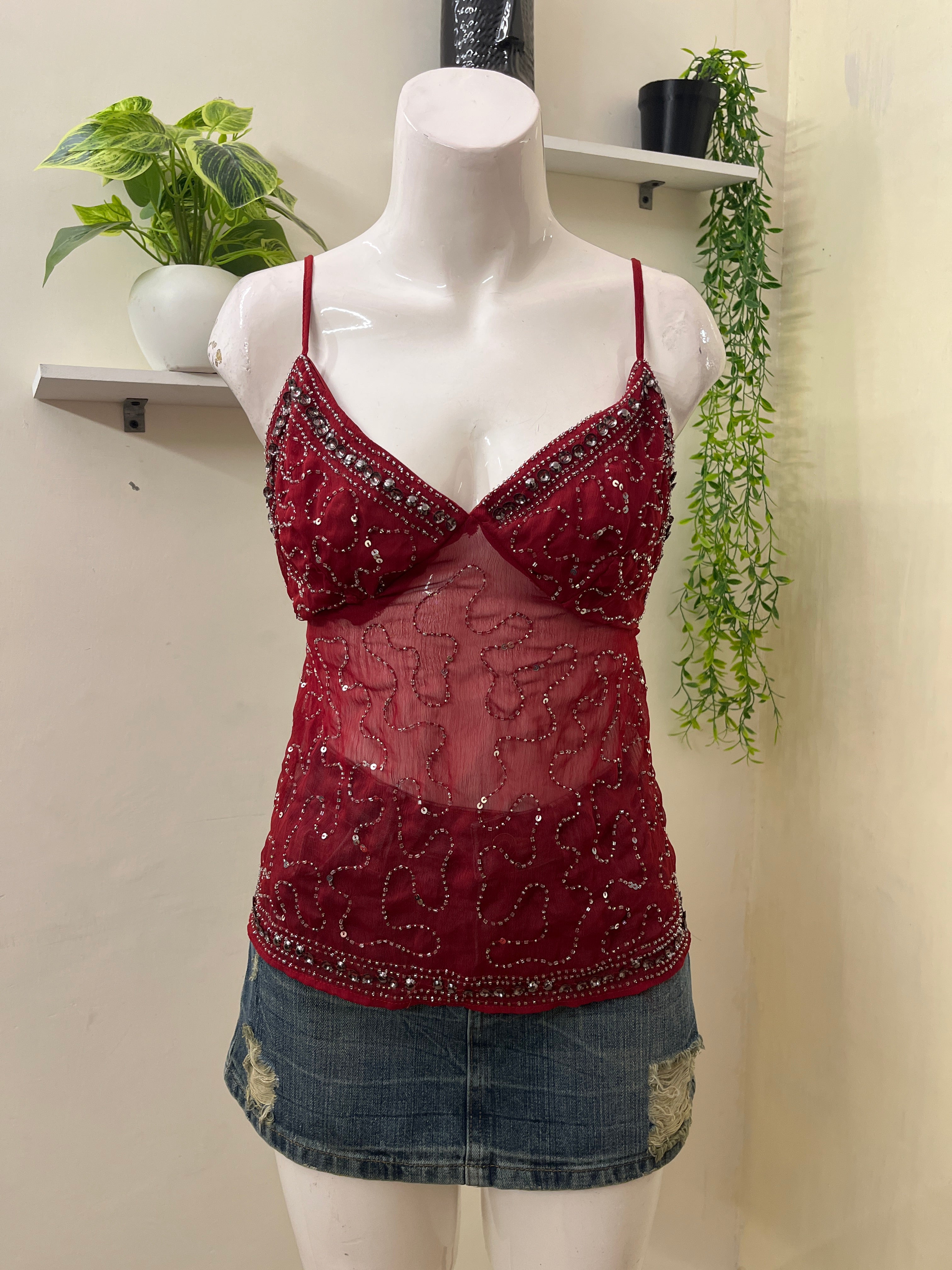 Y2K Embellished Mesh Cami Top