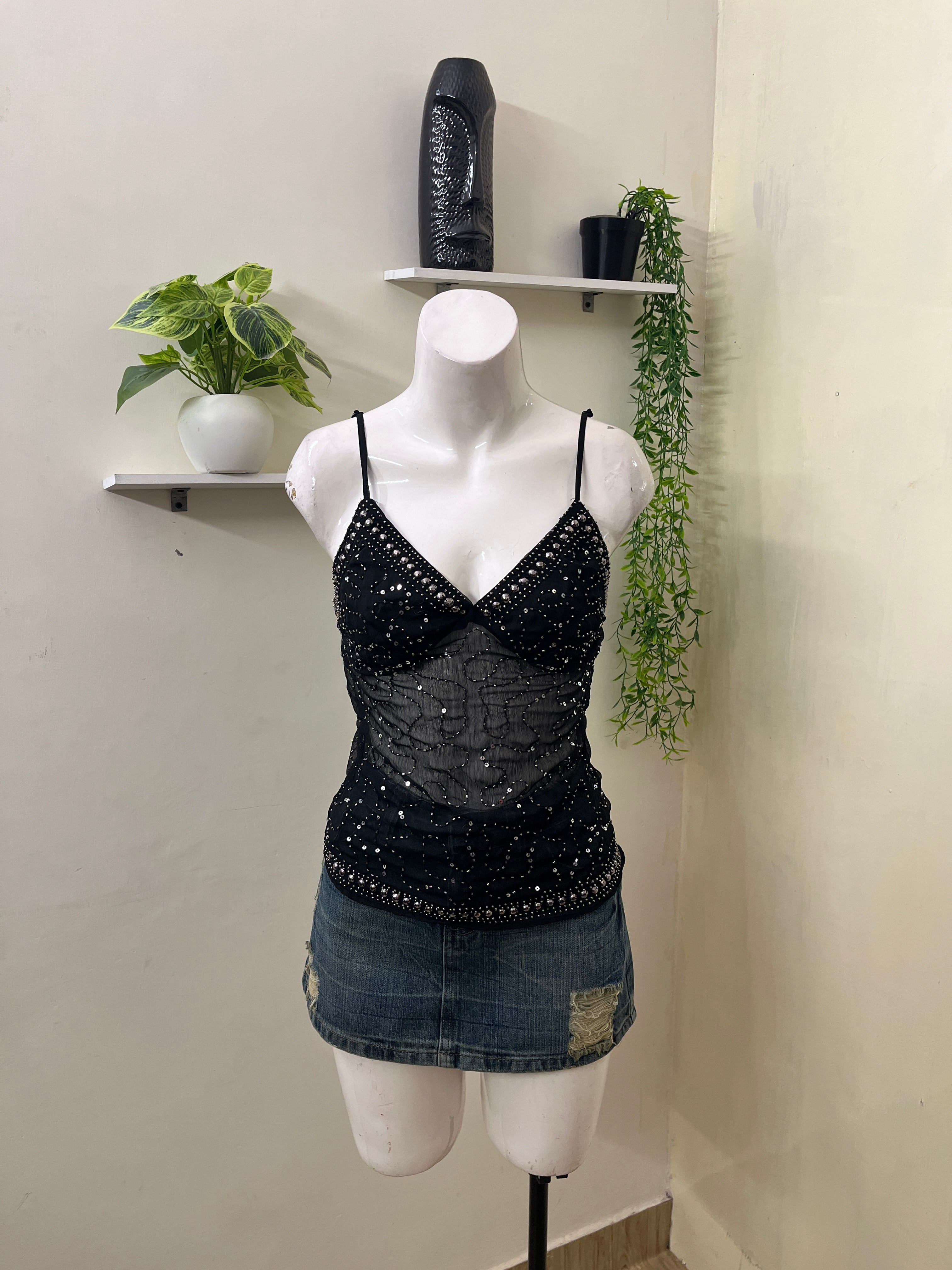 Y2K Embellished Mesh Cami Top