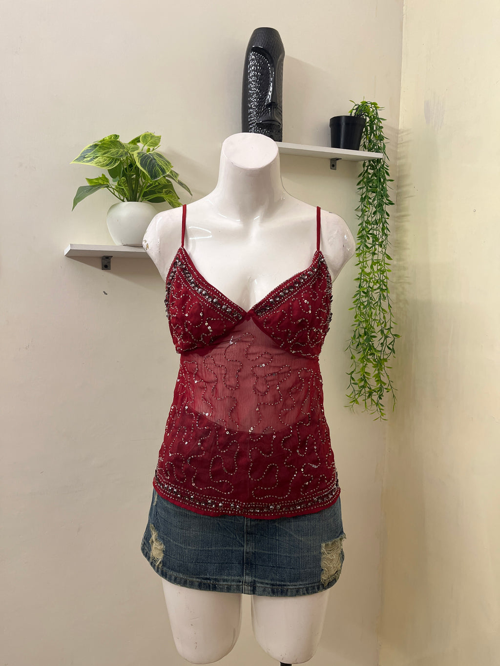 Y2K Embellished Mesh Cami Top