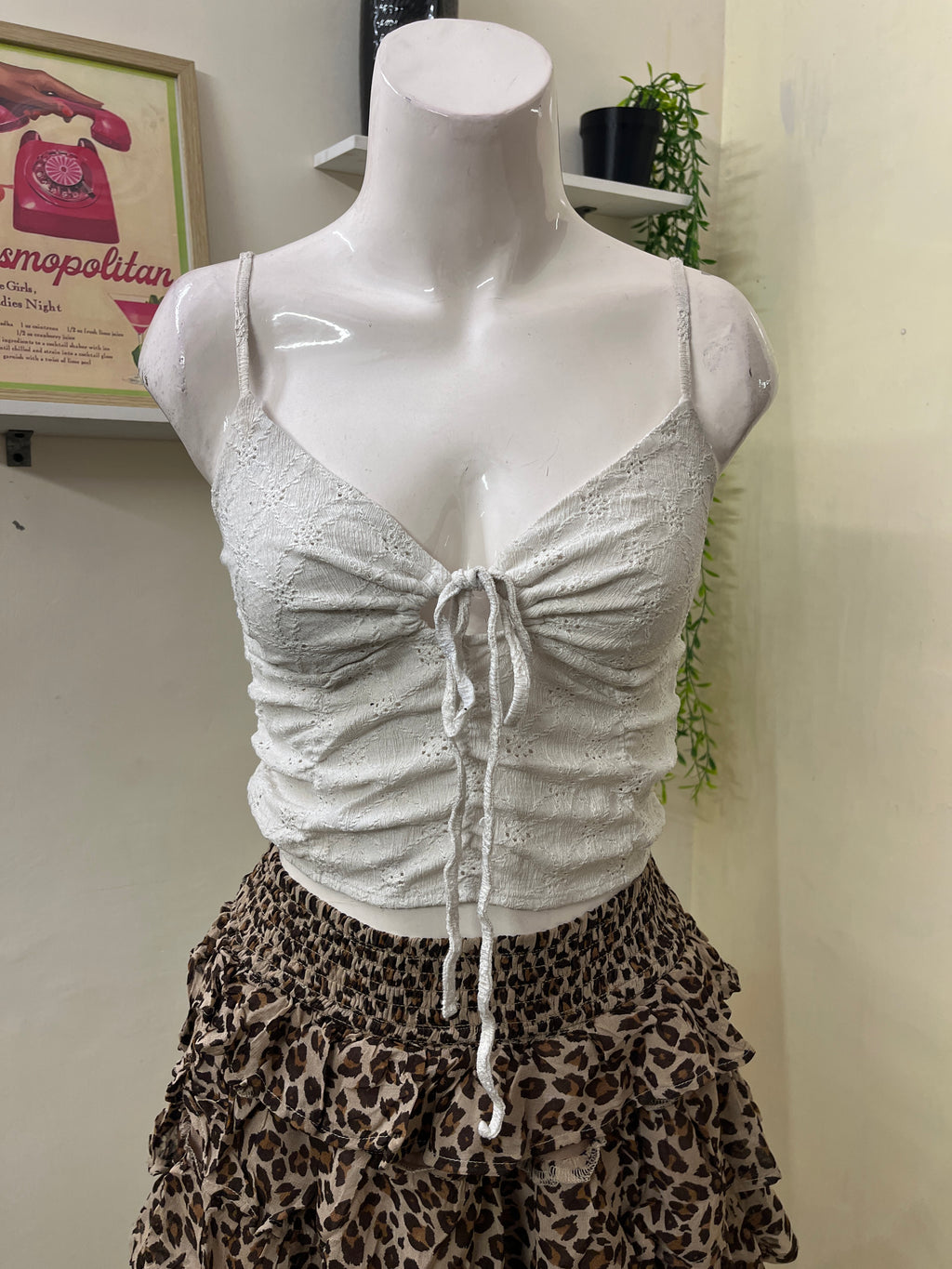 white ruched tie-front camisole